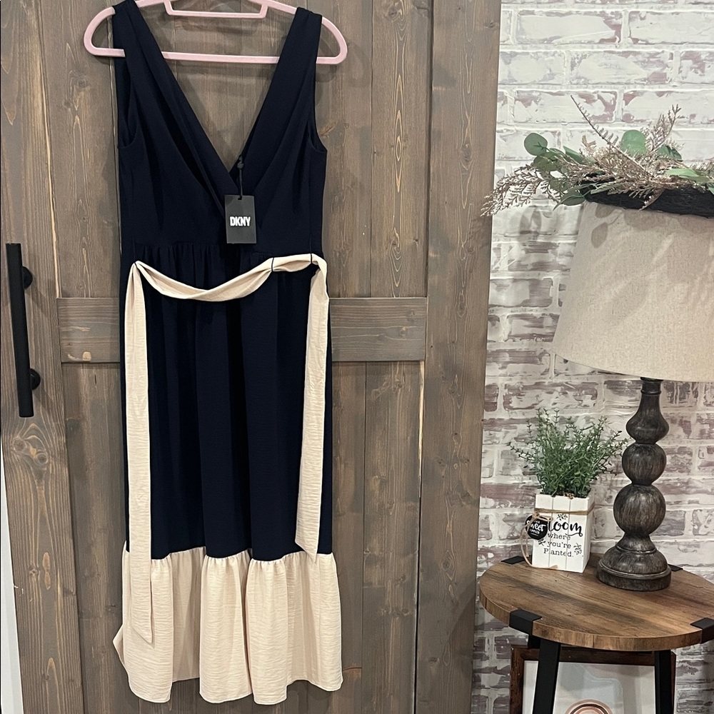 DKNY Navy and Cream Maxi Dress